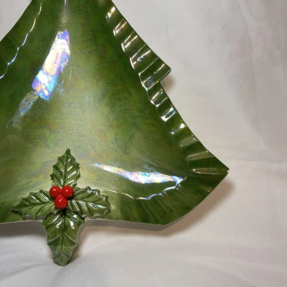 Vintage Norcrest Christmas Tree Holly‎ Tray Candy Dish Decor 50s Japan MCM Green
